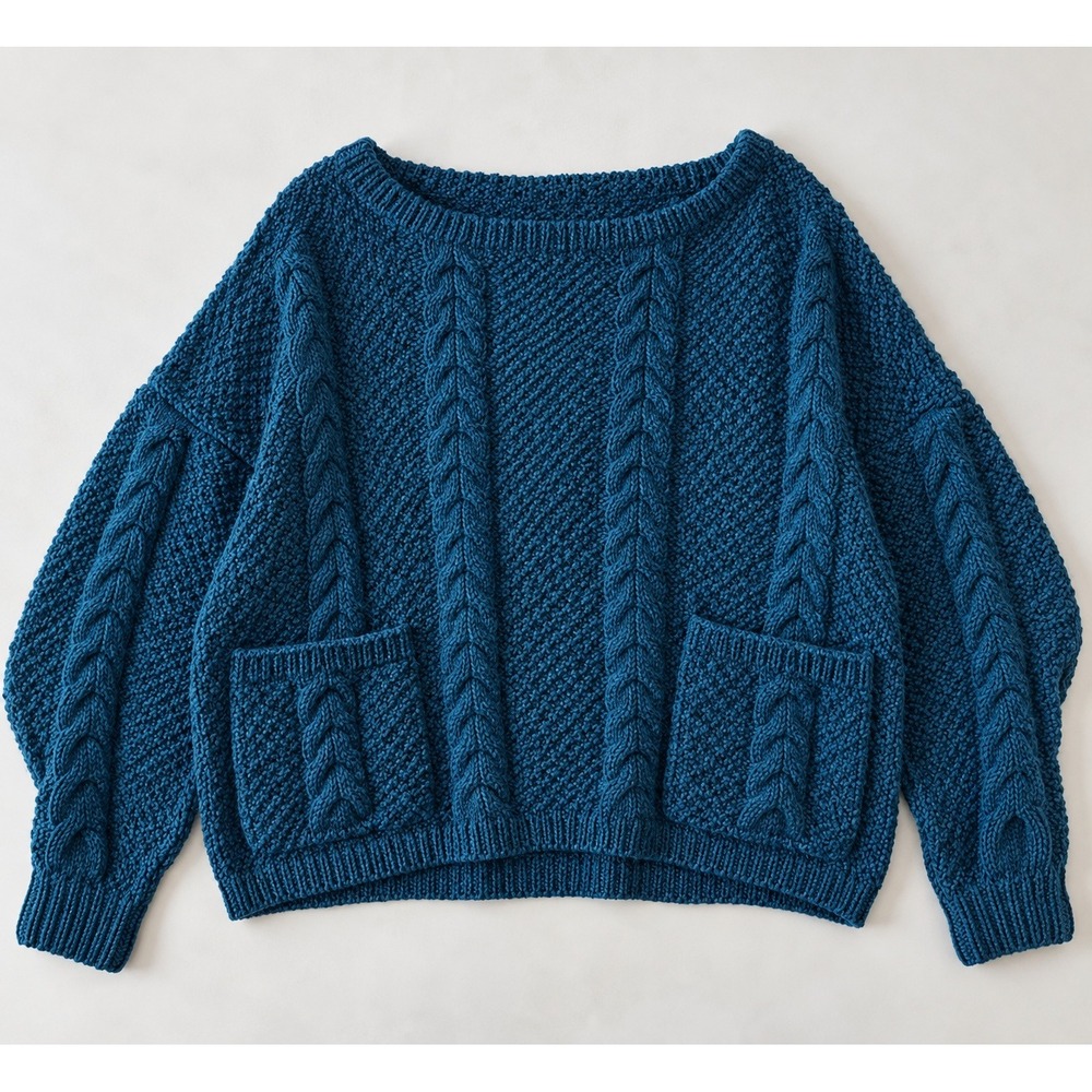Hand Knit Sweater One Size Teal Cable Knit Oversized Lagenlook Wool Feel Pockets